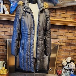 Anne Klein Brown Quilted Puffer Coat with Faux Fur Hood Size Med Down Feathers